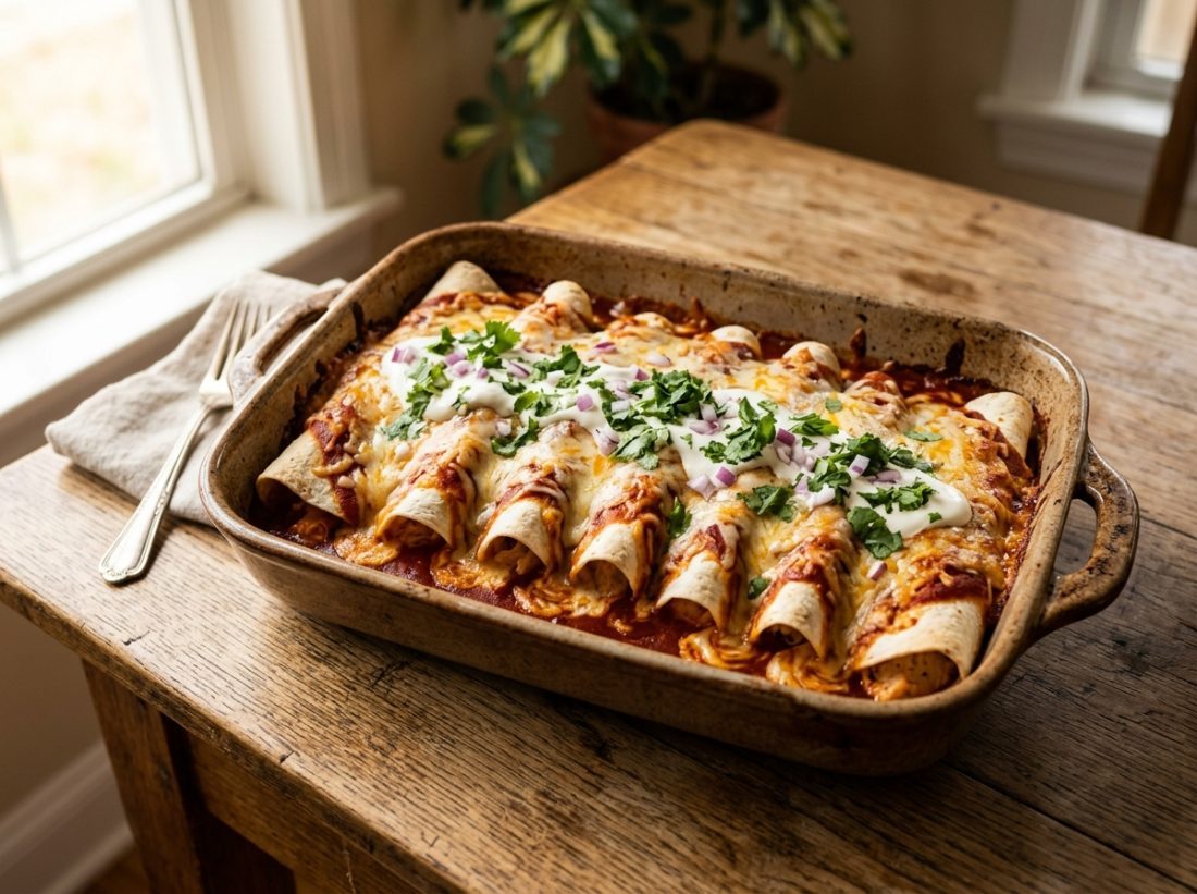 Chicken enchiladas made with freeze-dried diced chicken breast