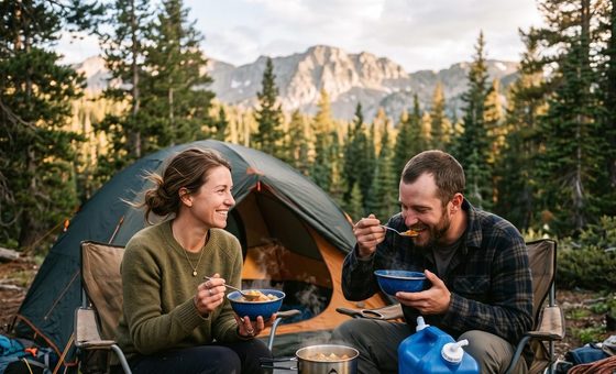 A couple eating a hot meal outside their tent at a campsite with a water container beside them