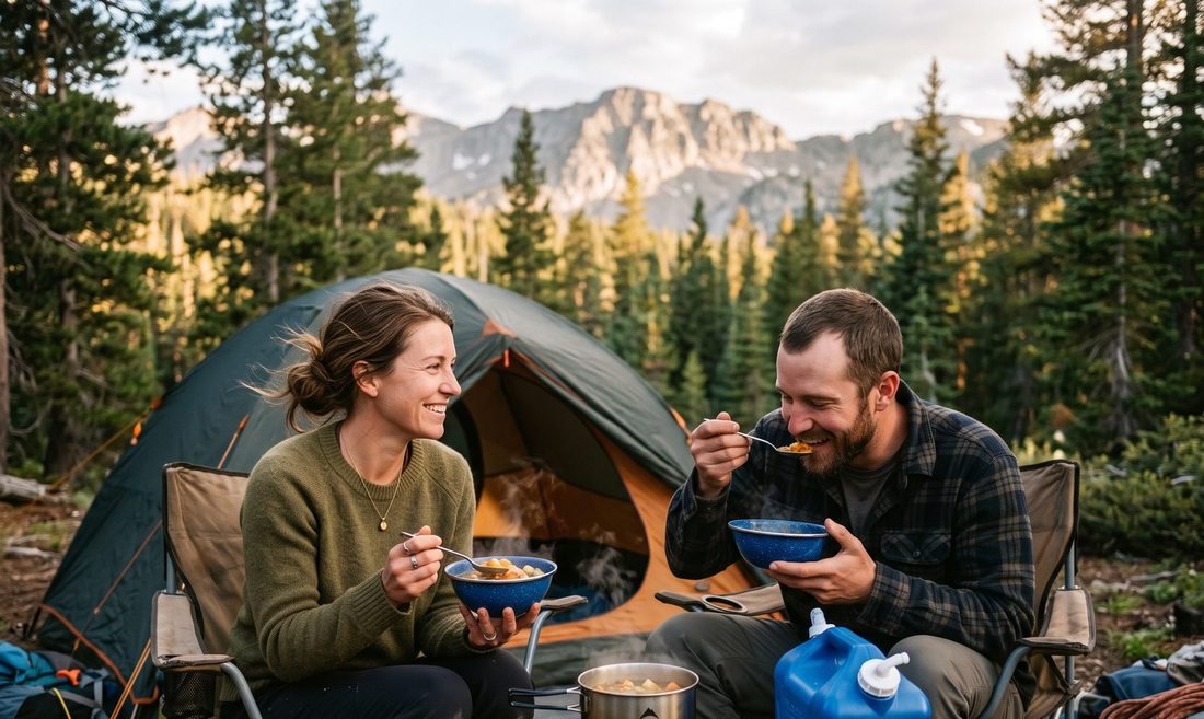A couple eating a hot meal outside their tent at a campsite with a water container beside them