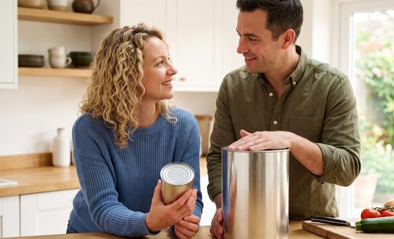 A couple in a kitchen comparing a small pantry can of freeze-dried food against a large #10 can