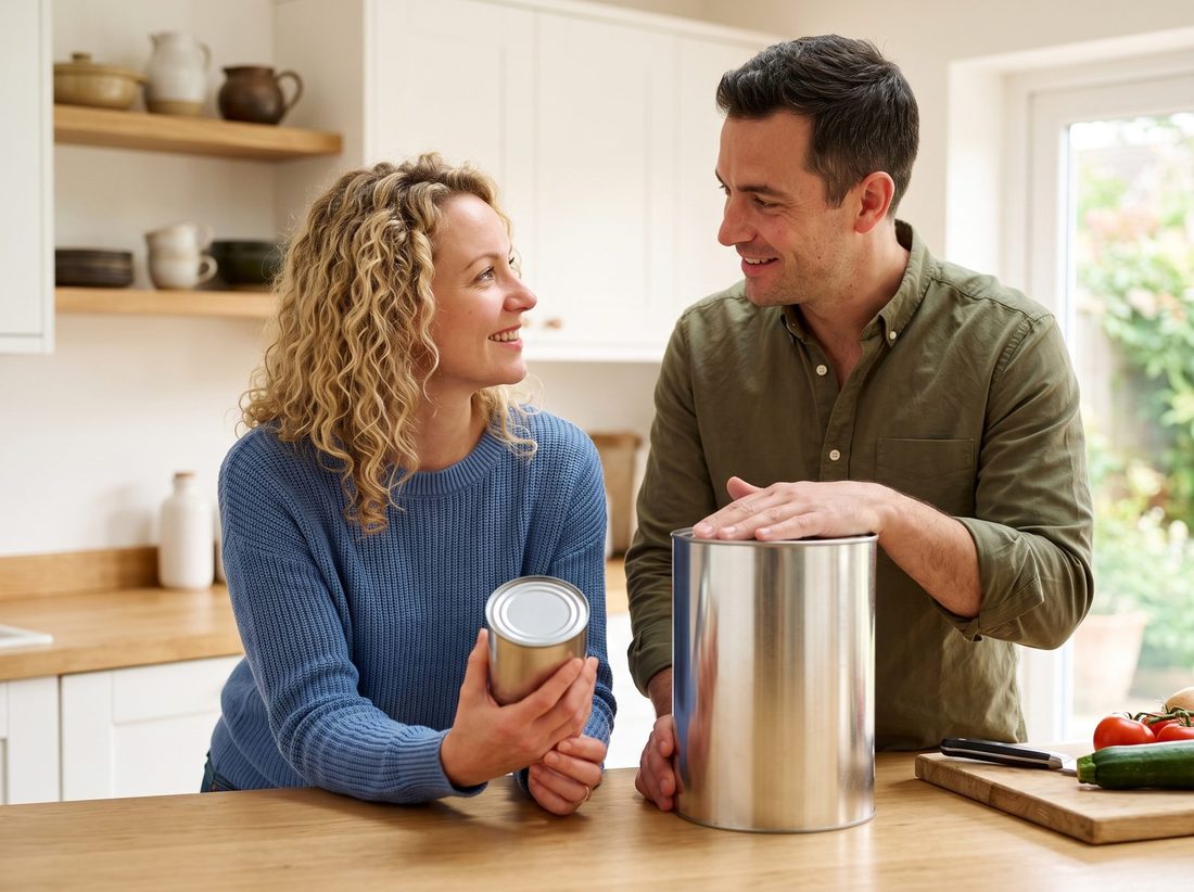 A couple in a kitchen comparing a small pantry can of freeze-dried food against a large #10 can