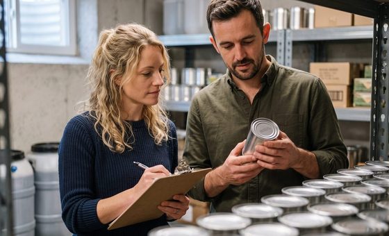A couple in a basement storage room checking the seal and date on a stored can of freeze-dried food, clipboard in hand