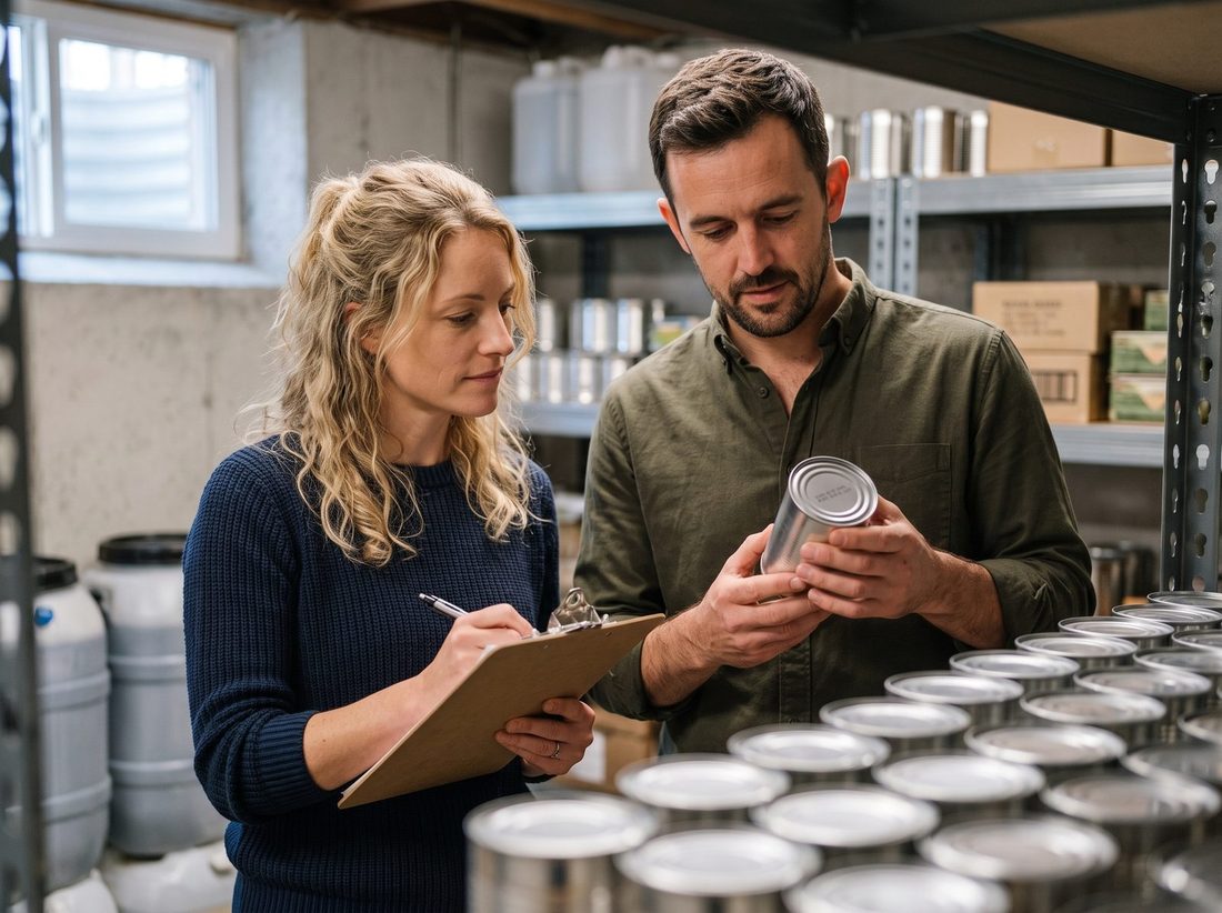 A couple in a basement storage room checking the seal and date on a stored can of freeze-dried food, clipboard in hand