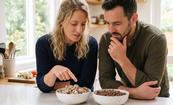 A couple at a kitchen counter examining bowls of freeze-dried and dehydrated meat side by side