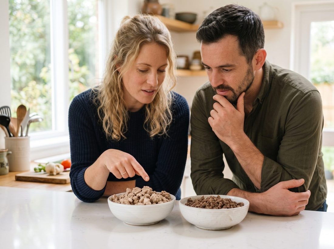 A couple at a kitchen counter examining bowls of freeze-dried and dehydrated meat side by side