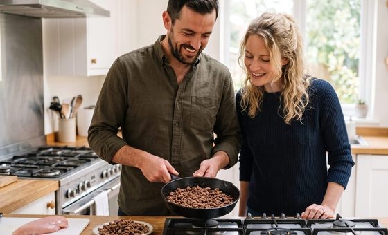 A couple at the stove comparing a raw chicken breast on a board with a pan of fully cooked freeze-dried beef crumbles