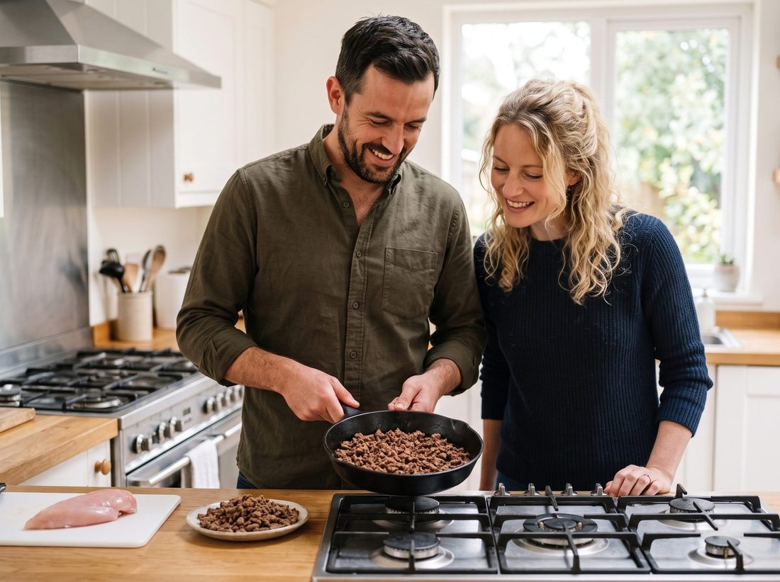 A couple at the stove comparing a raw chicken breast on a board with a pan of fully cooked freeze-dried beef crumbles