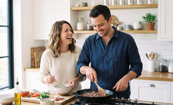 A husband and wife laughing while cooking freeze dried ground beef in a bright kitchen