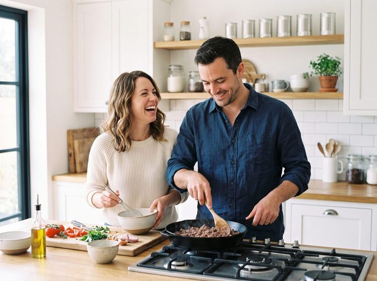 A husband and wife laughing while cooking freeze dried ground beef in a bright kitchen