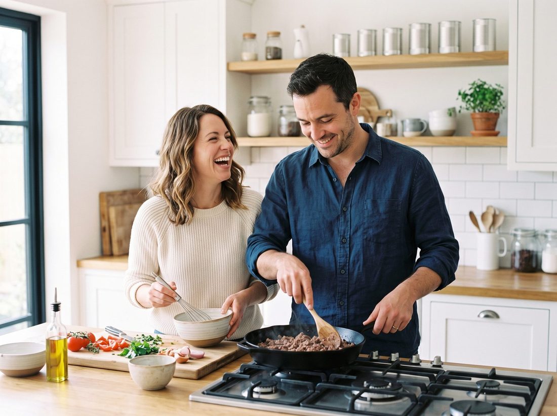 A husband and wife laughing while cooking freeze dried ground beef in a bright kitchen
