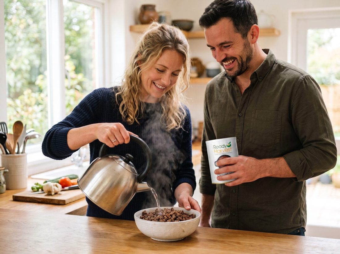 A couple rehydrating freeze dried ground beef in a bowl of hot water in a kitchen