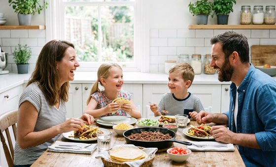 Family of four laughing around a kitchen table sharing beef tacos made with freeze dried ground beef