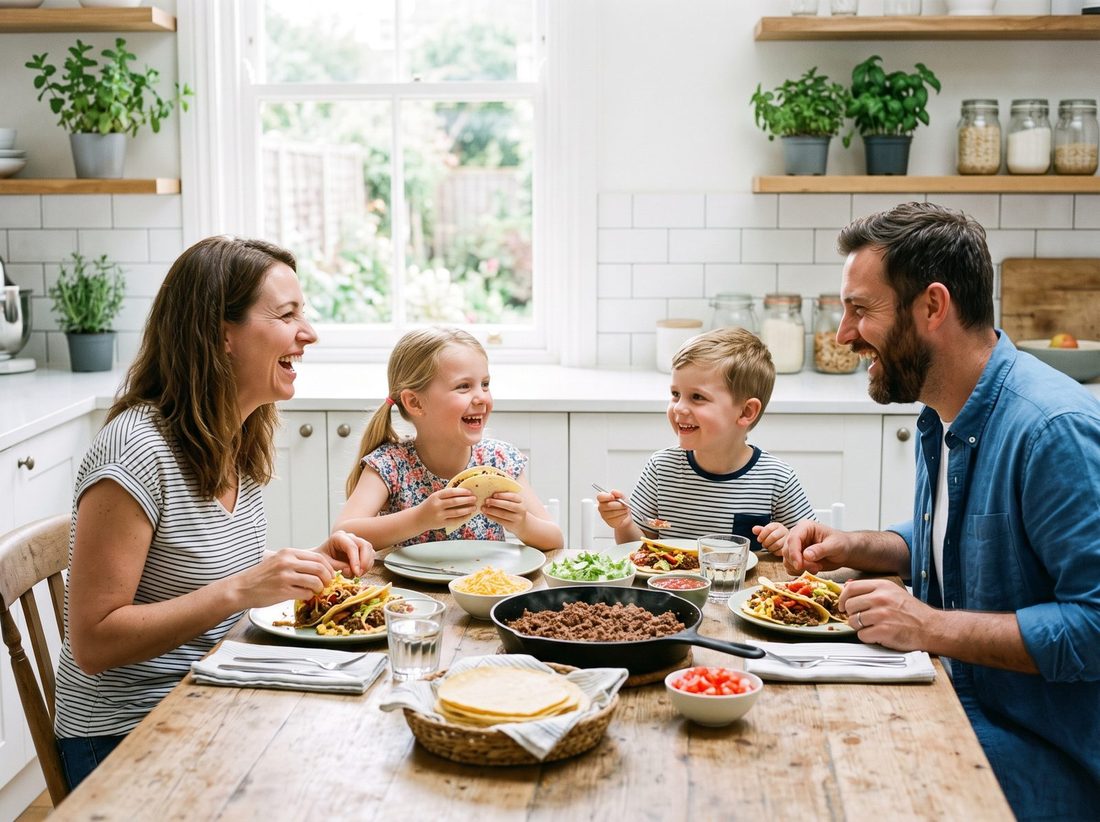 Family of four laughing around a kitchen table sharing beef tacos made with freeze dried ground beef