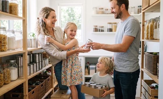 A family of four together stocking pantry shelves with sealed cans of freeze dried food