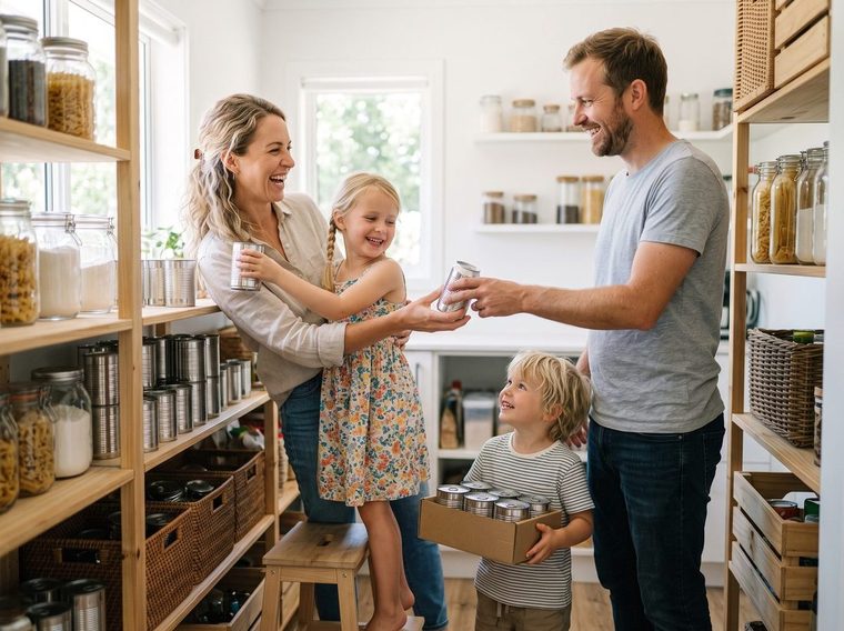 A family of four together stocking pantry shelves with sealed cans of freeze dried food
