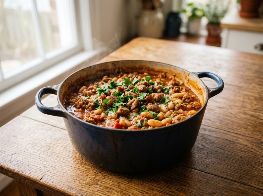 Sausage and white bean chili made with freeze-dried pork sausage crumbles