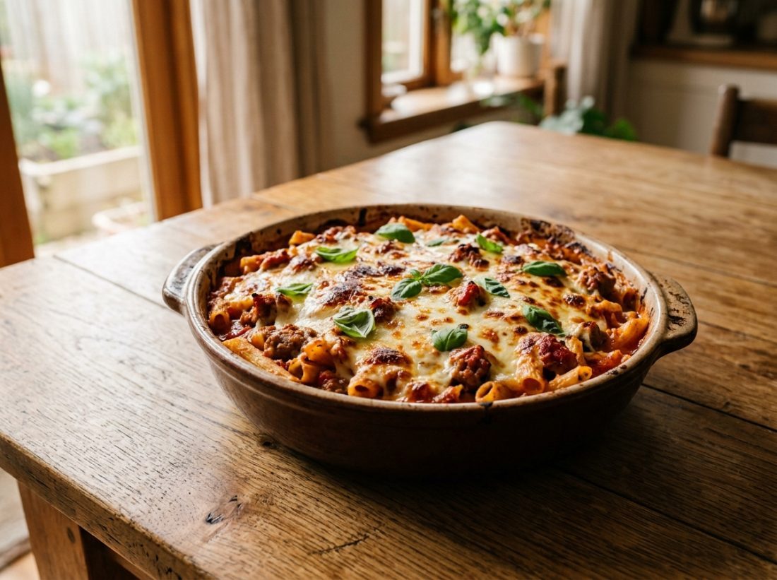 Baked pasta with freeze-dried sausage, tomato sauce and mozzarella